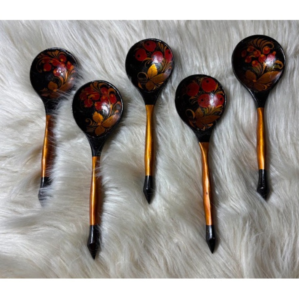 Khokhloma Wooden Spoons Set 5 Hand Painted Russian Folk Art USSR Decor Vintage
